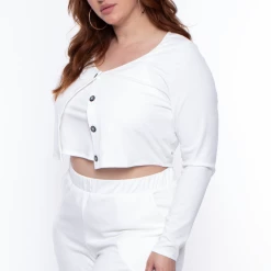 Curvy Sense Plus Size Essential Ribbed Button Front Top - Ivory Essential Mix