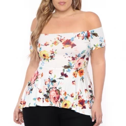 Curvy Sense Plus Size Nina Belted High-Low Top - Ivory Floral Tops