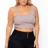 Curvy Sense Plus Size Asymmetric Ribbed Top - Mocha