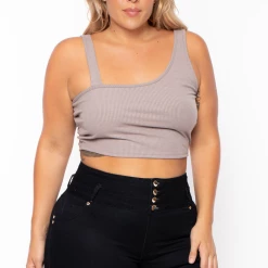 Curvy Sense Plus Size Asymmetric Ribbed Top - Mocha