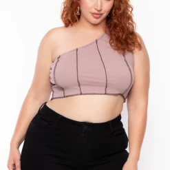 Curvy Sense Plus Size Contrast Stitch Crop Top - Mocha Tops