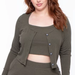 Curvy Sense Plus Size Essential Ribbed Button Front Top - Olive
