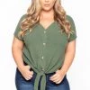 Curvy Sense Plus Size Waffle Knit Tie-Hem Top - Olive