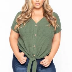Curvy Sense Plus Size Waffle Knit Tie-Hem Top - Olive