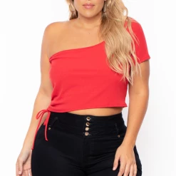 Curvy Sense Plus Size Asymmetric Ribbed Crop Top - Red Tops