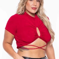 Curvy Sense Plus Size Kyomi Slinky Top - Red Tops