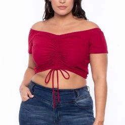 Curvy Sense Plus Size Tamara Ribbed Crop Top - Red Tops