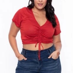 Curvy Sense Plus Size Cali Ruched Crop Top - Rust