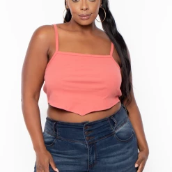 Curvy Sense Plus Size Pointy Ribbed Cami Top - Rust Tops