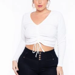 Curvy Sense Plus Size Mallory Ruched Top - White Tops