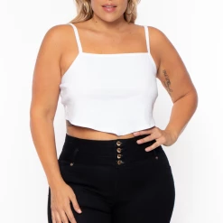 Curvy Sense Tops Plus Size Pointy Ribbed Cami Top - White