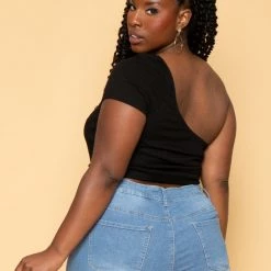 Curvy Sense Plus Size Asymmetric Ribbed Crop Top - Black Tops