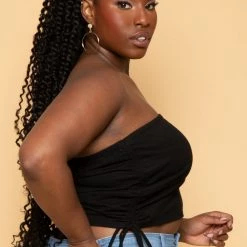 Curvy Sense Plus Size Asymmetric Ribbed Crop Top - Black Tops