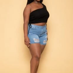 Curvy Sense Plus Size Asymmetric Ribbed Crop Top - Black Tops
