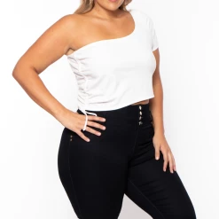 Curvy Sense Tops Plus Size Asymmetric Ribbed Crop Top - Ivory
