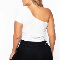 Curvy Sense Tops Plus Size Asymmetric Ribbed Crop Top - Ivory
