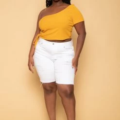 Curvy Sense Tops Plus Size Asymmetric Ribbed Crop Top - Mustard