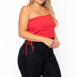 Curvy Sense Plus Size Asymmetric Ribbed Crop Top - Red Tops