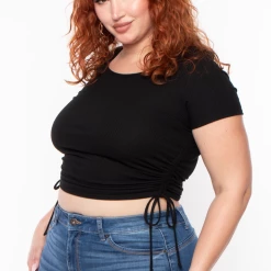 Curvy Sense Plus Size Basic Ribbed Crop Top - Black Tops