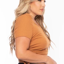 Curvy Sense Plus Size Basic Ribbed Crop Top - Camel