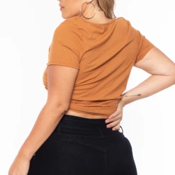 Curvy Sense Plus Size Basic Ribbed Crop Top - Camel