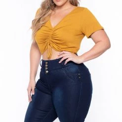 Curvy Sense Plus Size Cali Ruched Crop Top - Mustard Tops