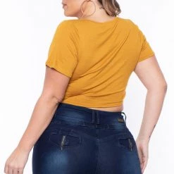 Curvy Sense Plus Size Cali Ruched Crop Top - Mustard Tops