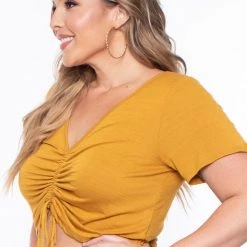 Curvy Sense Plus Size Cali Ruched Crop Top - Mustard Tops