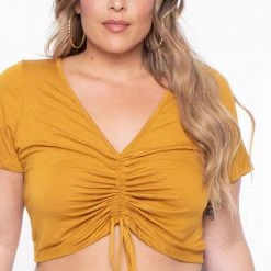 Curvy Sense Plus Size Cali Ruched Crop Top - Mustard Tops