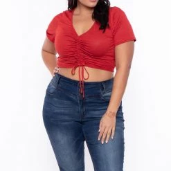 Curvy Sense Plus Size Cali Ruched Crop Top - Rust