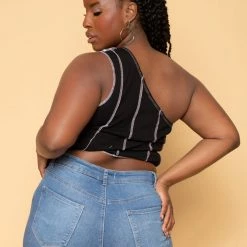 Curvy Sense Tops Plus Size Contrast Stitch Crop Top - Black