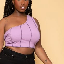 Curvy Sense Plus Size Contrast Stitch Crop Top - Lavender