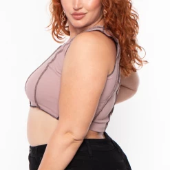 Curvy Sense Plus Size Contrast Stitch Crop Top - Mocha Tops