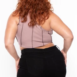 Curvy Sense Plus Size Contrast Stitch Crop Top - Mocha Tops