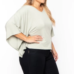 Curvy Sense Plus Size Drape Flare Top - Sage
