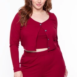 Curvy Sense Plus Size Essential Ribbed Button Front Top - Burgundy Essential Mix