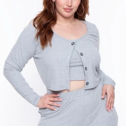 Curvy Sense Plus Size Essential Ribbed Button Front Top - Heather Grey