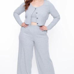 Curvy Sense Plus Size Essential Ribbed Button Front Top - Heather Grey