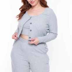 Curvy Sense Plus Size Essential Ribbed Button Front Top - Heather Grey