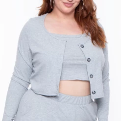 Curvy Sense Plus Size Essential Ribbed Button Front Top - Heather Grey