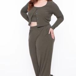 Curvy Sense Plus Size Essential Ribbed Button Front Top - Olive