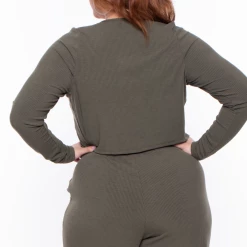 Curvy Sense Plus Size Essential Ribbed Button Front Top - Olive