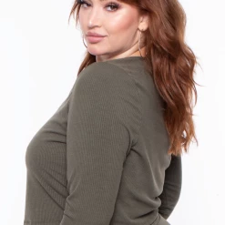Curvy Sense Plus Size Essential Ribbed Button Front Top - Olive