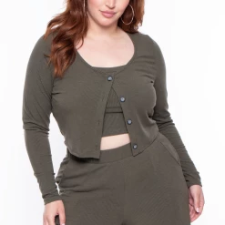 Curvy Sense Plus Size Essential Ribbed Button Front Top - Olive