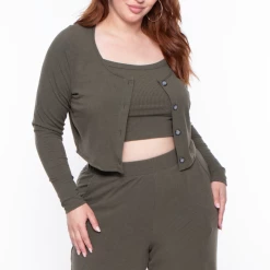Curvy Sense Plus Size Essential Ribbed Button Front Top - Olive