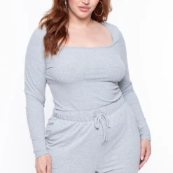 Curvy Sense Plus Size Essential Ribbed Top - Heather Grey Essential Mix