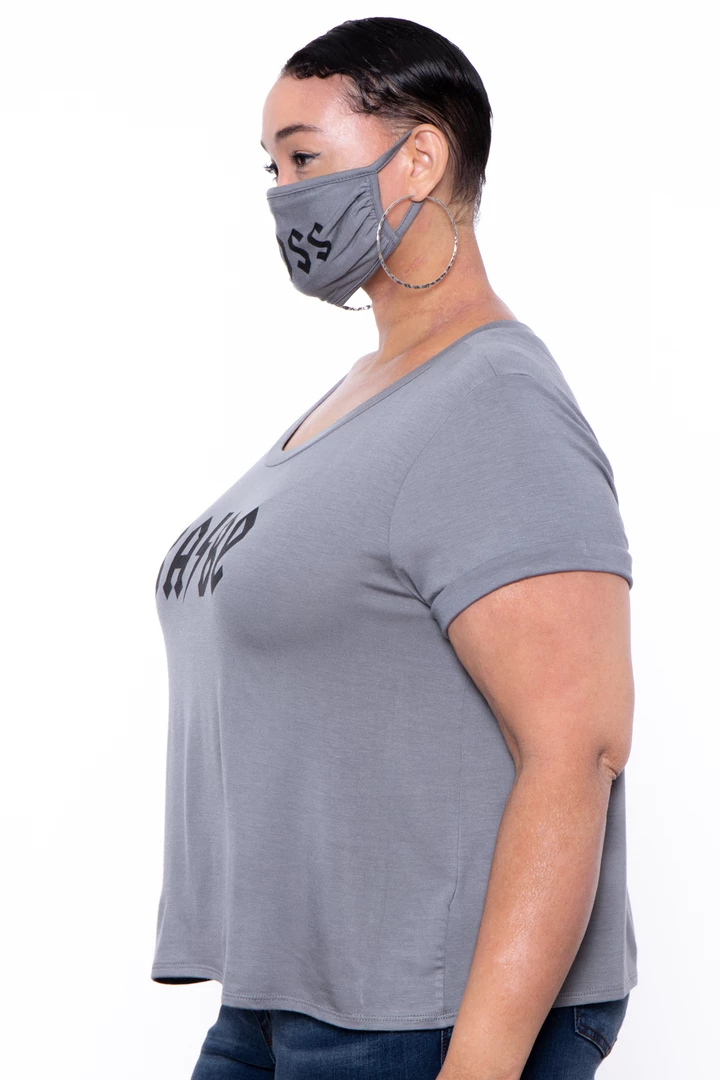 Curvy Sense Plus Size Graphic "Boss Babe" Tee & Mask Set - Grey 5 Curvy Sense Plus Size Graphic "Boss Babe" Tee & Mask Set - Grey