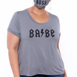 Curvy Sense Plus Size Graphic "Boss Babe" Tee & Mask Set - Grey