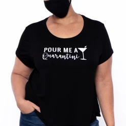 Curvy Sense Plus Size Graphic "Quarantini" Tee & Mask Set - Black