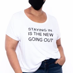Curvy Sense Plus Size Graphic "Staying In" Tee & Mask Set - White